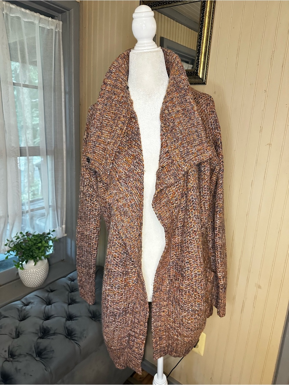 Prana Womens Medium Chunky Knit Cardigan Sweater Shawl Collar Pockets Boho